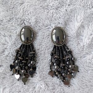VintageBlack& Gray Beaded Statement Chandelier Drop Dangle Clip Earrings
